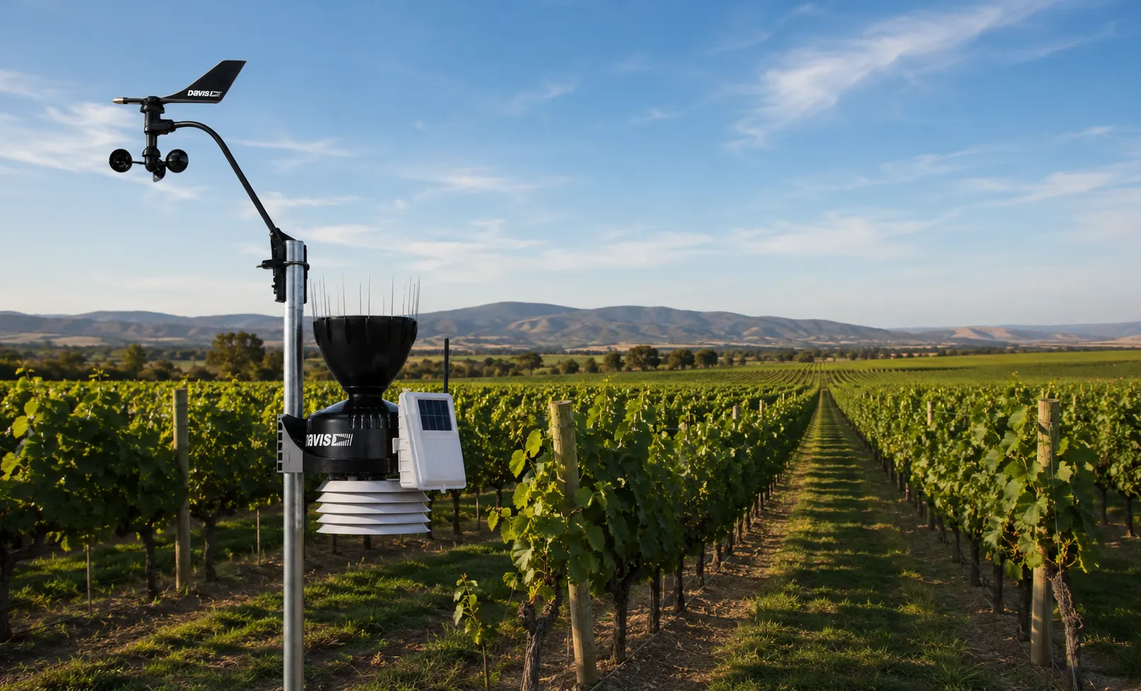 Estación meteorológica Davis Vantage Pro2 instalada junto a un cultivo agrícola